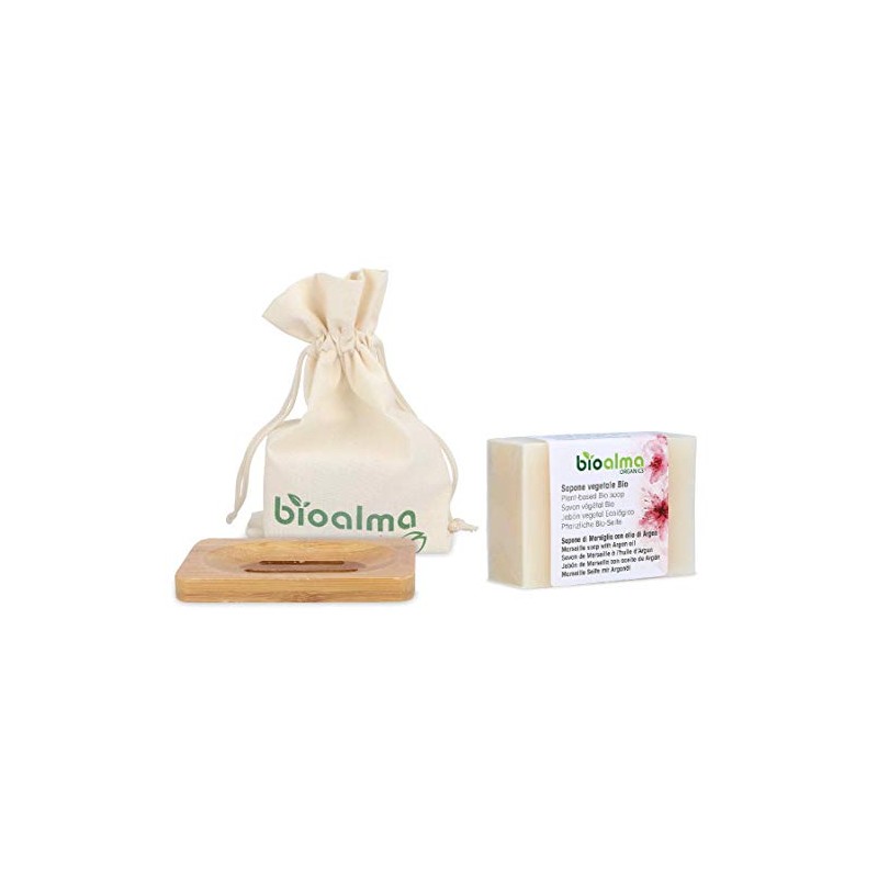 Sapone vegetale di Marsiglia con olio di Argan BIO (100 g) + portasapone in legno - Bioalma